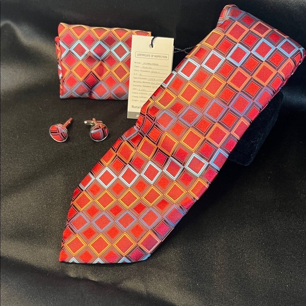 NWT-Geometric Red and Blue Tie Set-Silk